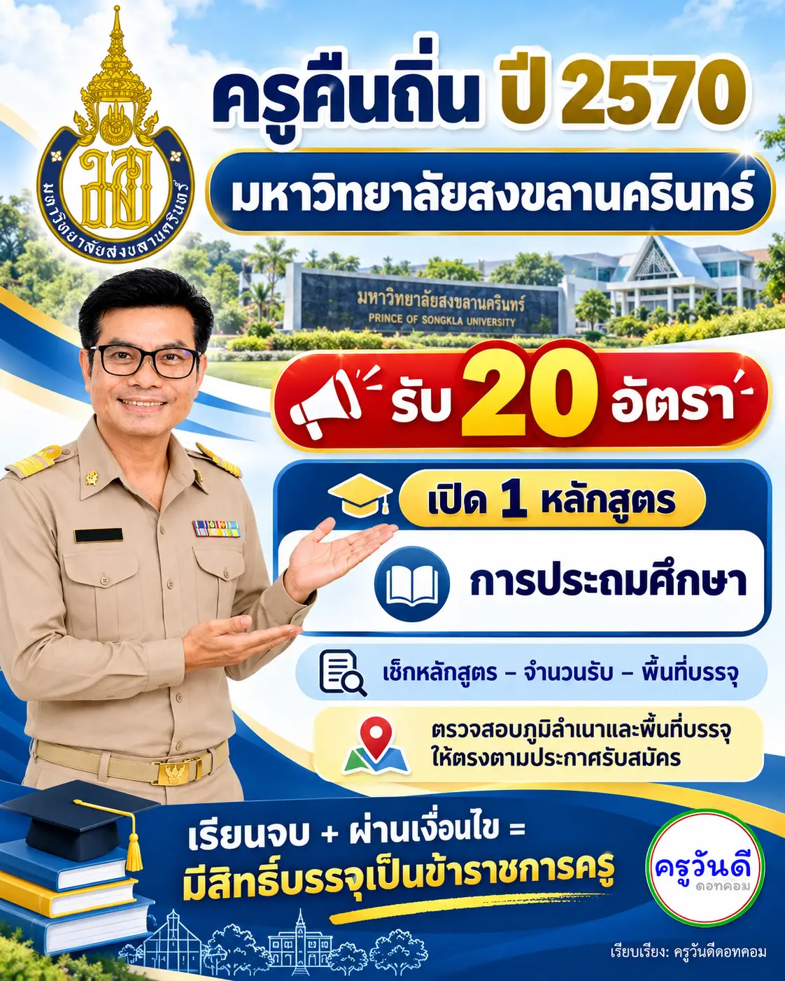 ครูคืนถิ่น 2570 มหาวิทยาลัยสงขลานครินทร์ รับ 20 อัตรา เปิด 1 หลักสูตร