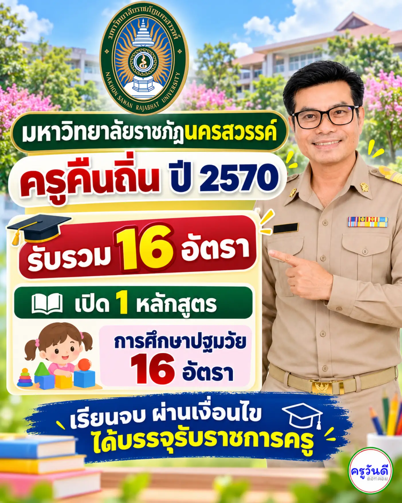 ครูคืนถิ่น 2570 มหาวิทยาลัยราชภัฏนครสวรรค์ รับ 16 อัตรา เปิด 1 หลักสูตร การศึกษาปฐมวัย