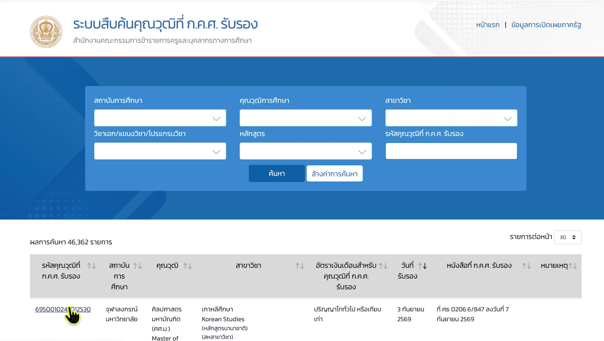 ตารางผลการค้นหาคุณวุฒิ ก.ค.ศ.