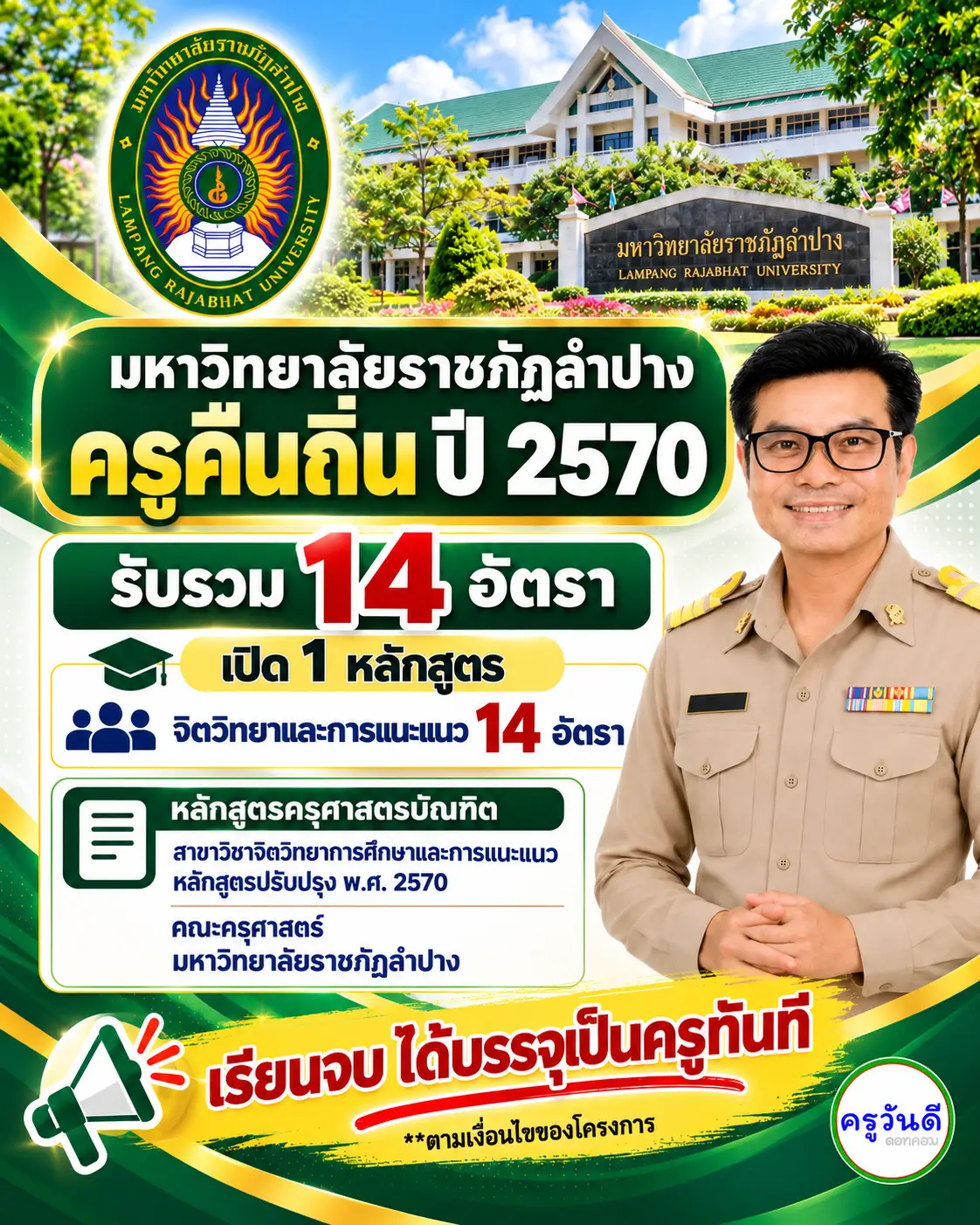ครูคืนถิ่น 2570 มหาวิทยาลัยราชภัฏลำปาง รับ 14 อัตรา เปิด 1 หลักสูตร จิตวิทยาการศึกษาและการแนะแนว