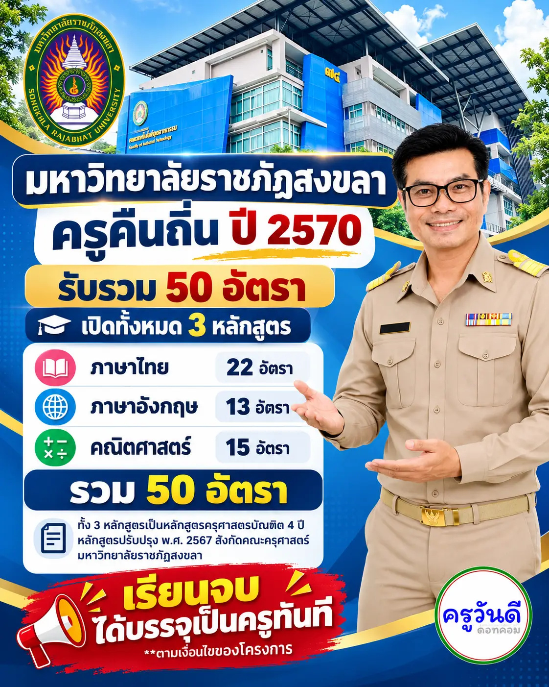 ครูคืนถิ่น 2570 มหาวิทยาลัยราชภัฏสงขลา รับ 50 อัตรา เปิด 3 หลักสูตร