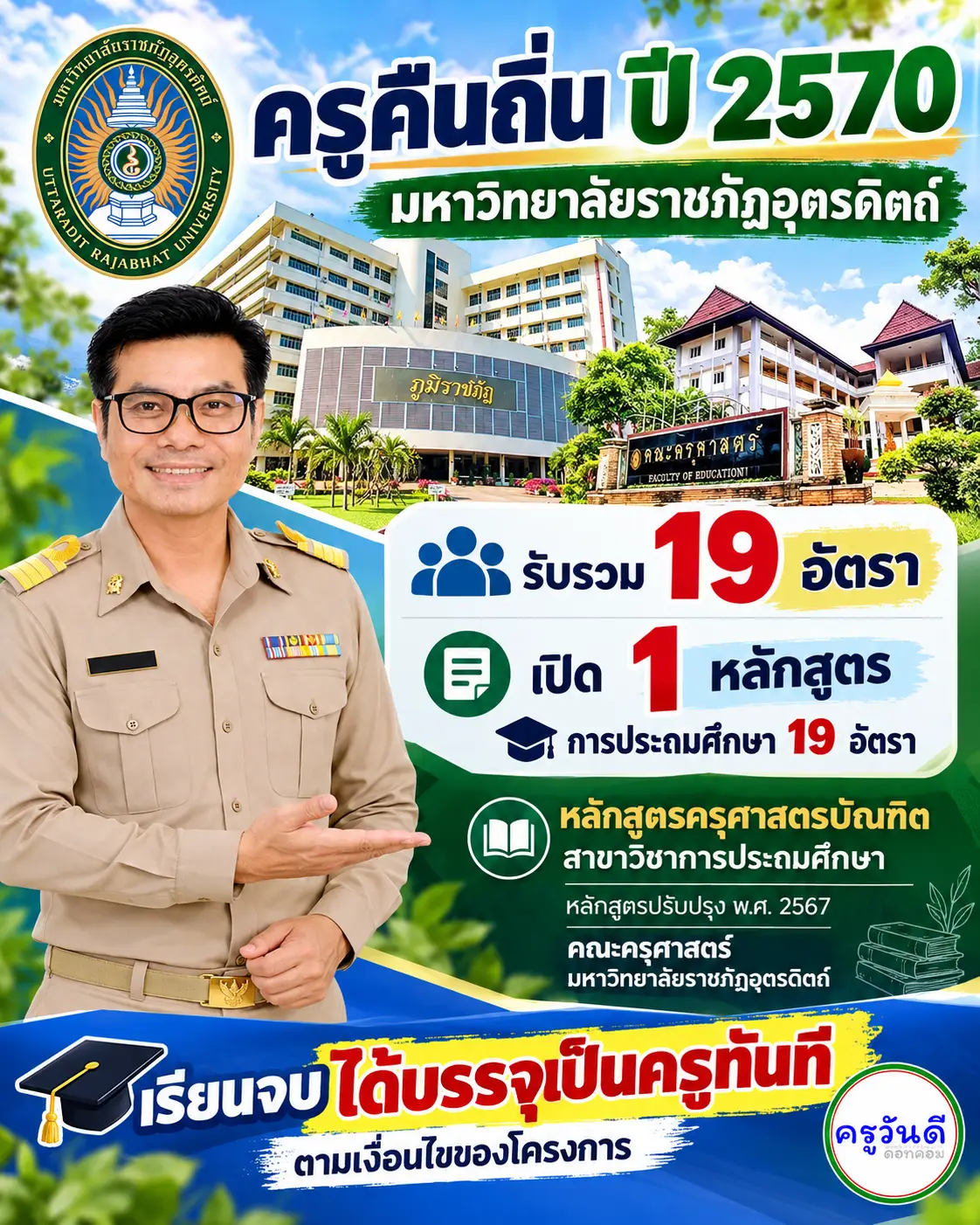 ครูคืนถิ่น 2570 มหาวิทยาลัยราชภัฏอุตรดิตถ์ รับ 19 อัตรา เปิด 1 หลักสูตร การประถมศึกษา